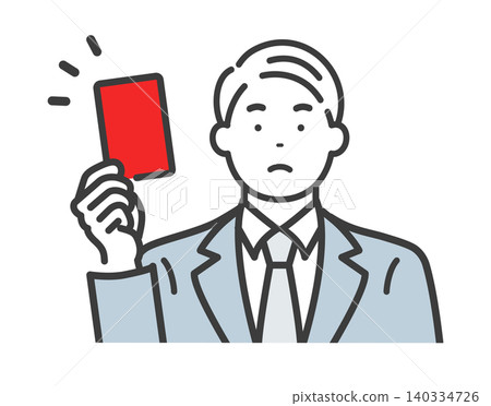 A middle-aged businessman gives a red card. A middle-aged businessman gives a red card. 140334726