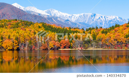 Autumn foliage at Lake Aoki and the Hakuba mountain range Autumn foliage at Lake Aoki and the Hakuba mountain range 140334870