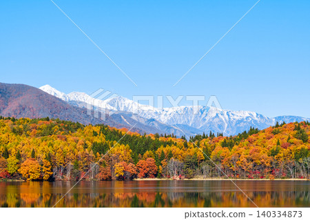 青木湖和白馬山脈的秋葉 青木湖和白馬山脈的秋葉 140334873
