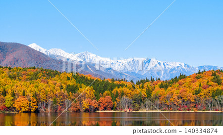 Autumn foliage at Lake Aoki and the Hakuba mountain range 140334874