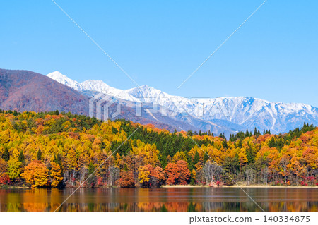 Autumn foliage at Lake Aoki and the Hakuba mountain range Autumn foliage at Lake Aoki and the Hakuba mountain range 140334875