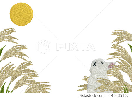 [Horizontal frame with pampas grass, moon, and rabbit] Hand-embroidered illustration material 140335102