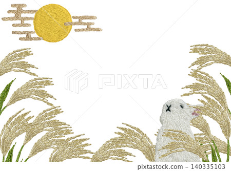 [Horizontal frame with pampas grass, moon, and rabbit] Hand-embroidered illustration material 140335103