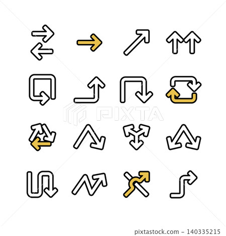 Pop-style arrow icon set of 16, with yellow accents, vector illustration. Pop-style arrow icon set of 16, with yellow accents, vector illustration. 140335215