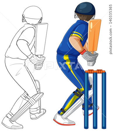 Cricket Batsman in Stance with Outline and Colored Vector Illustration Cricket Batsman in Stance with Outline and Colored Vector Illustration 140335365