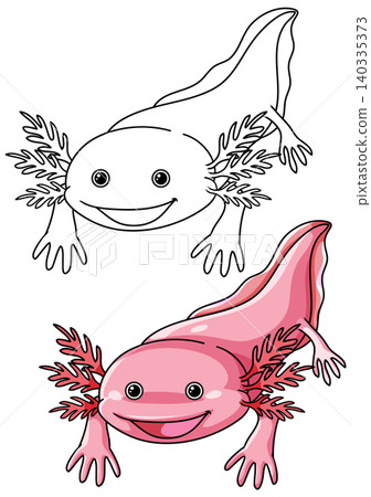 Cute Pink Axolotl Cartoon Character and Black and White Line Art Cute Pink Axolotl Cartoon Character and Black and White Line Art 140335373