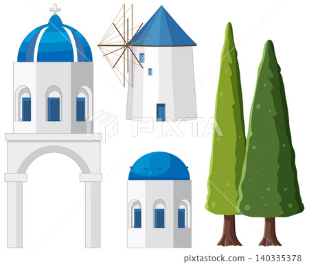 Mediterranean Architecture and Nature Vector Elements Set on White Background Mediterranean Architecture and Nature Vector Elements Set on White Background 140335378