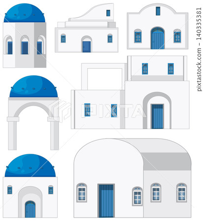 Mediterranean Style White and Blue Architecture Vector Illustration Set Mediterranean Style White and Blue Architecture Vector Illustration Set 140335381