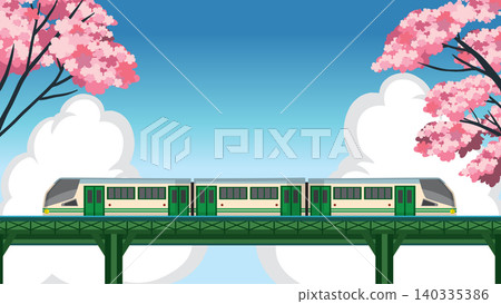 Flat Design Japanese Commuter Train on Elevated Bridge with Sakura Flowers Flat Design Japanese Commuter Train on Elevated Bridge with Sakura Flowers 140335386