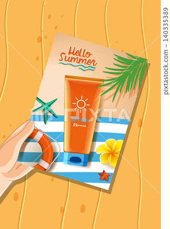 Hand Holding Summer Postcard with Sunscreen Tube on Sandy Beach Background 140335389