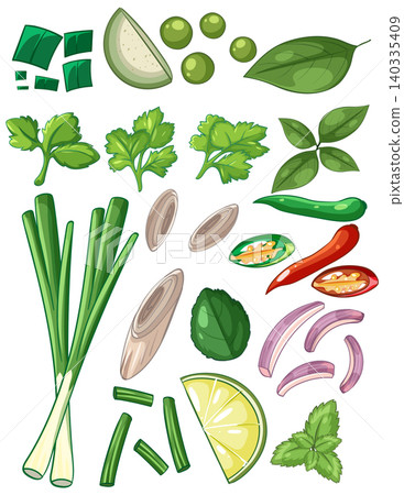 Asian Cuisine Ingredients Vector Set with Fresh Herbs and Vegetables 140335409