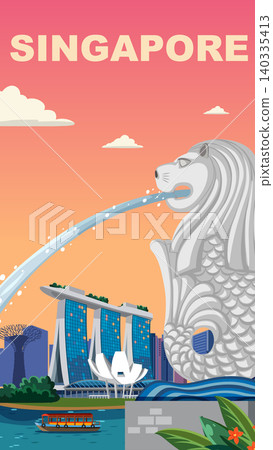 Flat Vector Illustration of Singapore City Skyline with Merlion Statue Flat Vector Illustration of Singapore City Skyline with Merlion Statue 140335413
