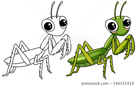 Cute Praying Mantis Cartoon Character in Color and Line Art Cute Praying Mantis Cartoon Character in Color and Line Art 140335419