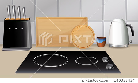 Modern Kitchen Countertop with Electric Hotplate and Utensils 140335434
