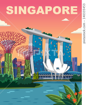 Singapore Travel Poster Illustration with Marina Bay Sands and Supertree Grove Singapore Travel Poster Illustration with Marina Bay Sands and Supertree Grove 140335453