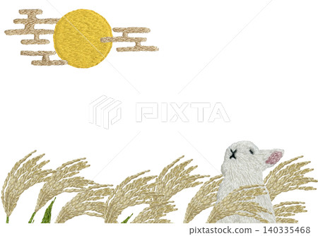 [橫框，圖案為蒲葦草、月亮和兔子] 手工刺繡插畫材料 140335468