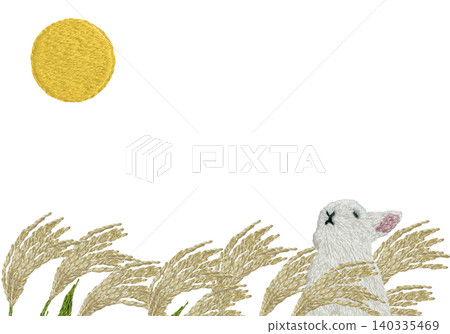 [Horizontal frame with pampas grass, moon, and rabbit] Hand-embroidered illustration material 140335469