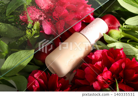 Skincare product placed among red flowers with water drops Skincare product placed among red flowers with water drops 140335531