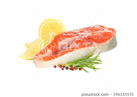 Salmon fillet rests alongside lemon slices and herbs, PNG Salmon fillet rests alongside lemon slices and herbs, PNG 140335555