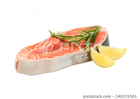 Salmon fillet rests with lemon slices and rosemary. Gourmet cooking and healthy eating concept, PNG Salmon fillet rests with lemon slices and rosemary. Gourmet cooking and healthy eating concept, PNG 140335563