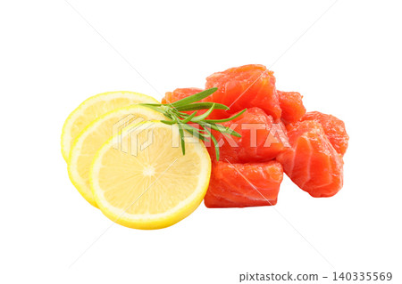 Salmon pieces showcase vibrant pink color. Fresh ingredients highlight gourmet food concept, PNG Salmon pieces showcase vibrant pink color. Fresh ingredients highlight gourmet food concept, PNG 140335569