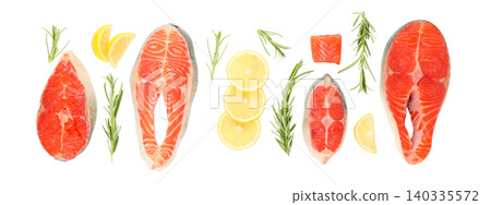 Salmon fillets displayed with lemon slices and herbs. Healthy food and gourmet cooking concept, PNG 140335572