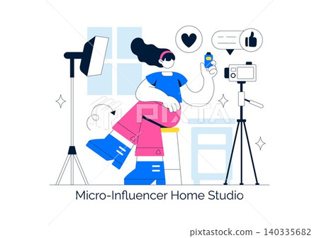 Micro Influencer Home Studio Illustration Featuring Content Creation Setup, Social Media Marketing, Live Streaming, and Digital Creator Workspace 140335682