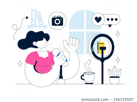 Micro Influencer Home Studio Illustration Featuring Content Creation Setup, Social Media Marketing, Live Streaming, and Digital Creator Workspace 140335687