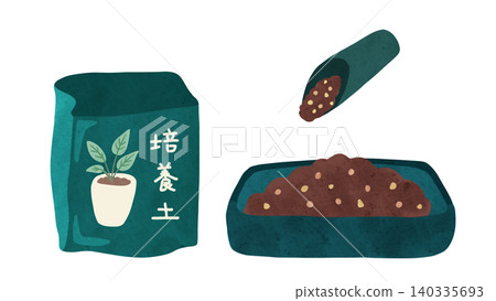 A set of opened potting soil for houseplants, a soil scoop, and a tray, featuring a watercolor-style hand-drawn illustration. A set of opened potting soil for houseplants, a soil scoop, and a tray, featuring a watercolor-style hand-drawn illustration. 140335693