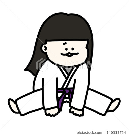 一個身體僵硬的女孩正在努力做劈腿拉伸動作，她穿著紫色武術腰帶，背景是透明的。 140335734
