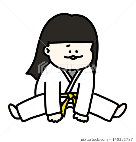 一個動作僵硬的女孩正在努力做劈腿拉伸。 (黃色武術服、腰帶、透明背景) 一個動作僵硬的女孩正在努力做劈腿拉伸。 (黃色武術服、腰帶、透明背景) 140335787