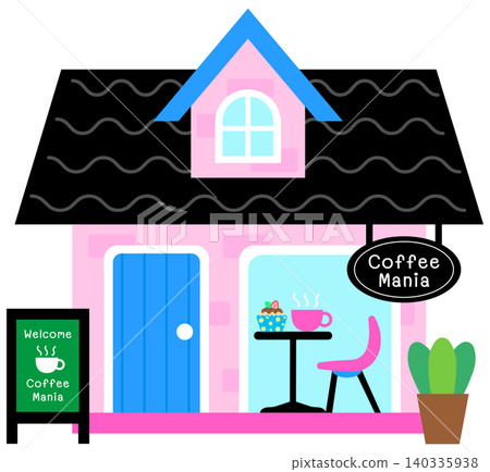 Cute Coffee Shop Building with Attic Window for City Life Shopping Street 140335938