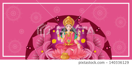 Hindu Goddess Lakshmi Sitting on Lotus Flower with Gold Coins Hindu Goddess Lakshmi Sitting on Lotus Flower with Gold Coins 140336129