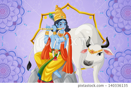 Lord Krishna Playing Flute Beside a White Cow Illustration Lord Krishna Playing Flute Beside a White Cow Illustration 140336135