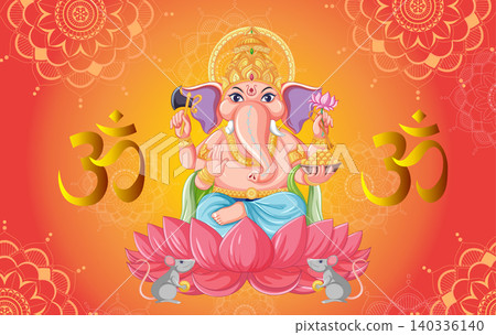 Hindu Elephant God Ganesha Sitting on Lotus with Om Symbols Background Hindu Elephant God Ganesha Sitting on Lotus with Om Symbols Background 140336140