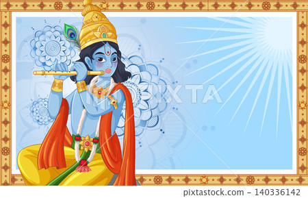 Blue Hindu Deity Playing Flute with Mandala Background and Copy Space 140336142