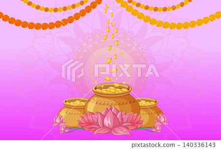 Golden Coins Falling into Clay Pots with Pink Lotus Flowers 140336143