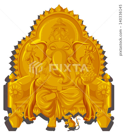 Golden Hindu Elephant Deity Statue Sitting on Ornate Throne Golden Hindu Elephant Deity Statue Sitting on Ornate Throne 140336145
