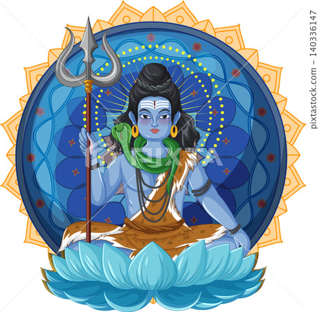 Hindu Deity Lord Shiva Sitting on Lotus with Trident and Cobra 140336147