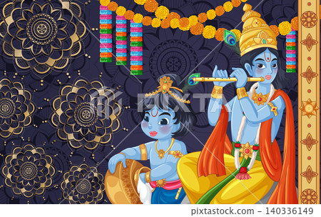 Vector Illustration of Blue Deities with Flute and Butter Pot Vector Illustration of Blue Deities with Flute and Butter Pot 140336149
