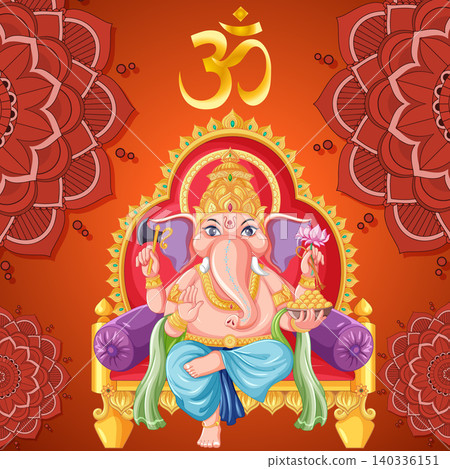 Lord Ganesha Sitting on Golden Throne with Om Symbol and Mandalas Lord Ganesha Sitting on Golden Throne with Om Symbol and Mandalas 140336151