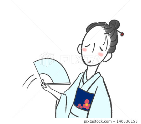 A woman fanning herself to cool off. A woman fanning herself to cool off. 140336153