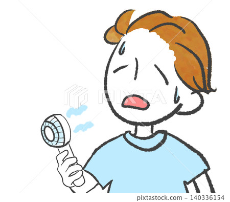 A simple illustration of a person cooling off with a portable fan. A simple illustration of a person cooling off with a portable fan. 140336154