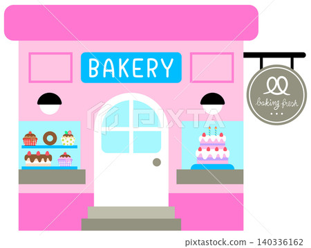 Cute Bakery Shop Building with Cupcakes Donuts and Birthday Cake City Life Shopping Street Cute Bakery Shop Building with Cupcakes Donuts and Birthday Cake City Life Shopping Street 140336162