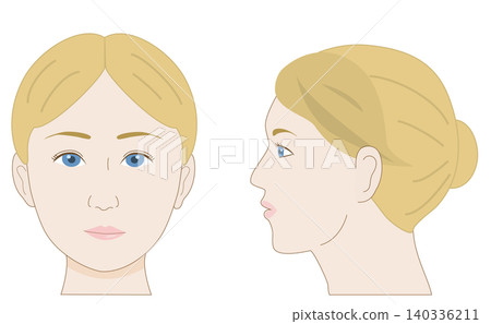 白人女性臉部正面和側面的對比插圖（醫學和解剖學參考資料）。 140336211