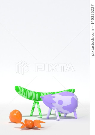A 3DCG vertical landscape featuring cow-patterned and zebra-patterned spirit horses and Chinese lanterns, with white space. A 3DCG vertical landscape featuring cow-patterned and zebra-patterned spirit horses and Chinese lanterns, with white space. 140336227