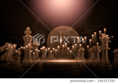 Modern way of exchange. Bitcoin is convenient payment in global economy market. Virtual digital currency and financial investment trade concept. Abstract cryptocurrency with gold bitcoin background. 140337291