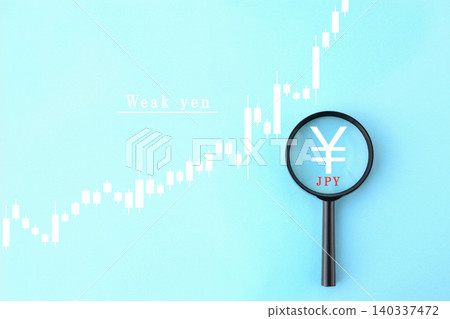 A static image illustrating the weak yen situation in foreign exchange – a magnifying glass for analyzing the Japanese yen and a chart. A static image illustrating the weak yen situation in foreign exchange – a magnifying glass for analyzing the Japanese yen and a chart. 140337472