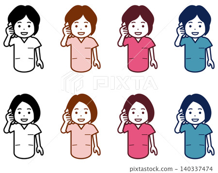 [Hair style/color variations] Icon of a female nurse making a phone call on her smartphone. Part 2 140337474