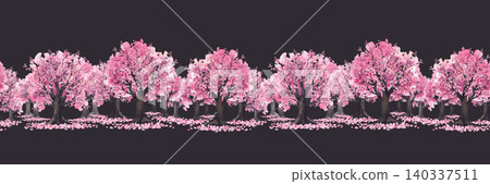 Watercolor pink cherry blossoms trees seamless border. Blooming spring sakura with pink flowers and falling petals. Hand drawn traditional Asian wallpaper. Illustration on isolated dark background. Watercolor pink cherry blossoms trees seamless border. Blooming spring sakura with pink flowers and falling petals. Hand drawn traditional Asian wallpaper. Illustration on isolated dark background. 140337511